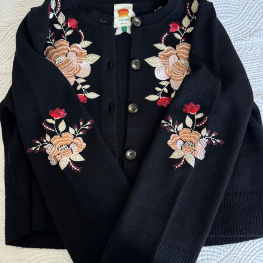 FARM Rio Black Flowers Embroidered Buttoned Knit Cardigan - Picture 6 of 13